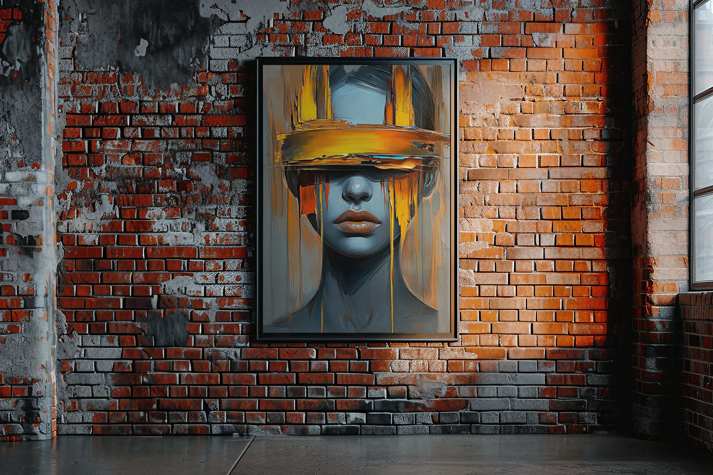 Abstract portrait art print of a woman with bold yellow brushstrokes, framed and mounted on a red brick wall in an industrial-style interior