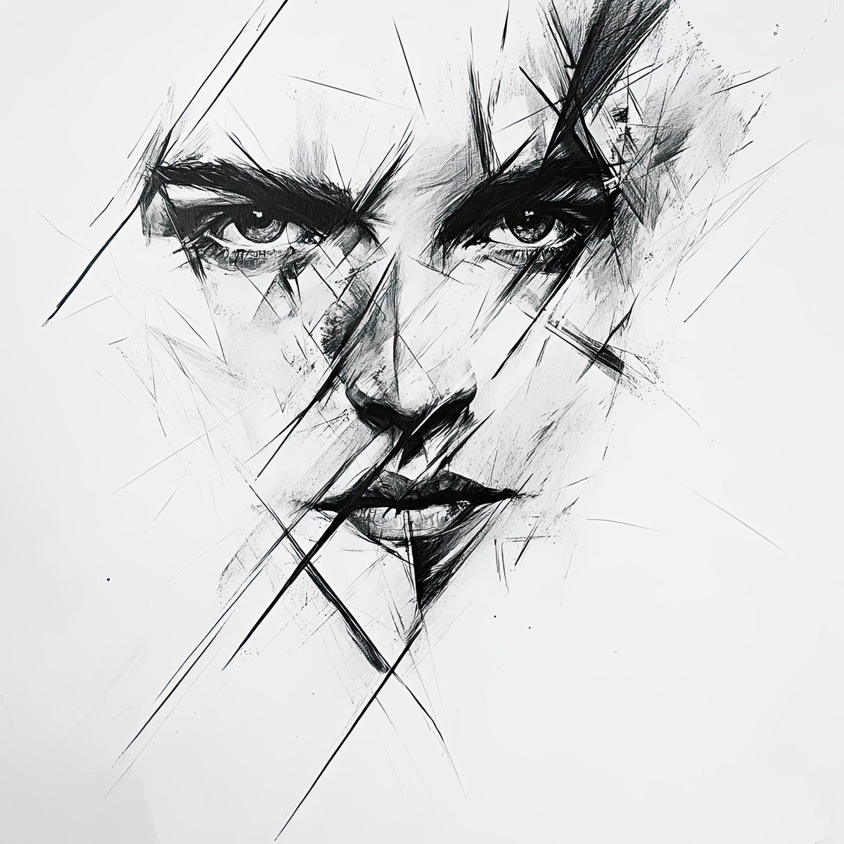 "Shattered Gaze" abstract art print in charcoal and ink