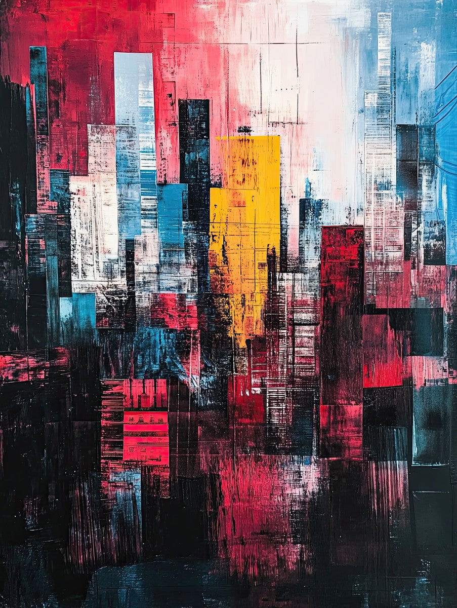 "Crimson Metropolis" abstract art print in acrylic