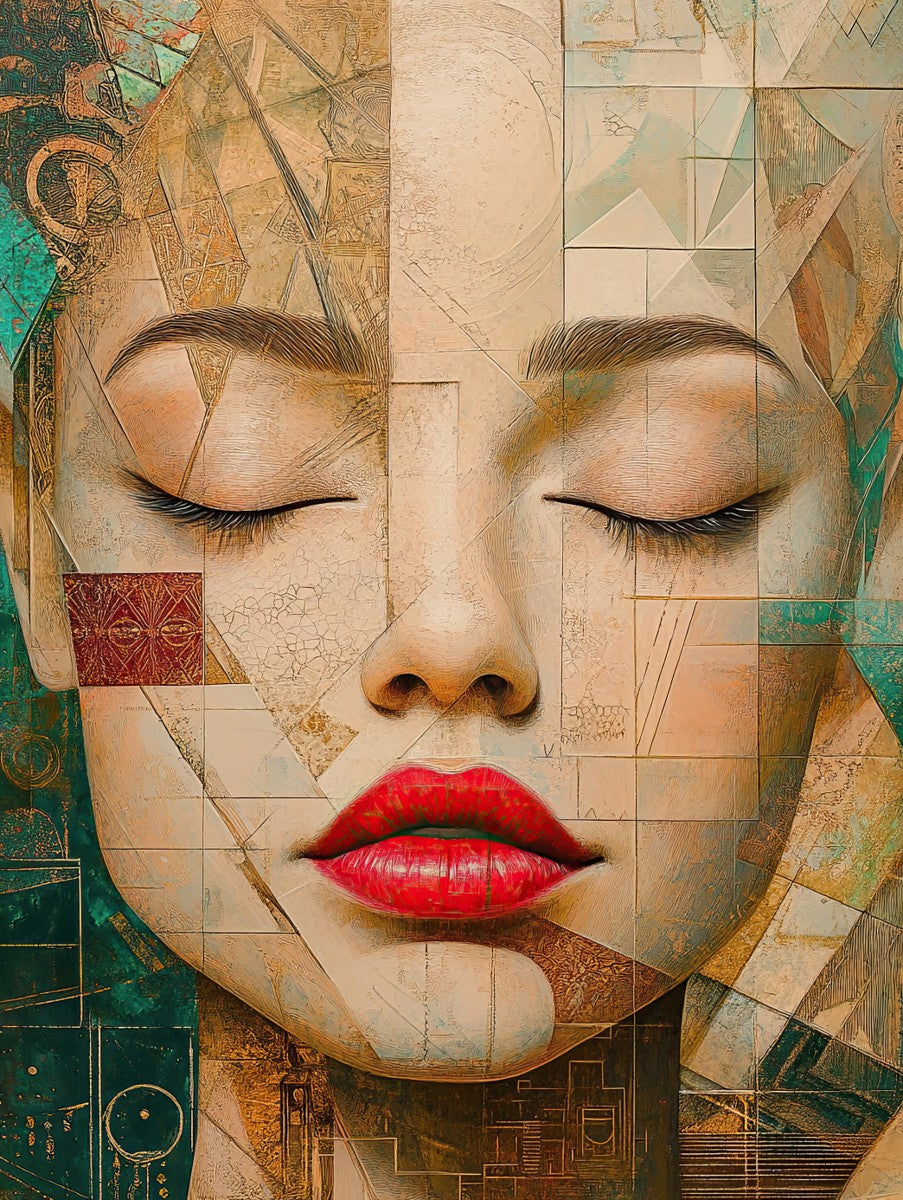 "Fragmented Serenity" cubist art print in oil in the style of Tamara de Lempicka