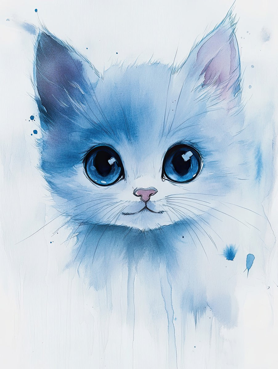 "Azure Whiskers" watercolor art print in the style of delicate ink washes