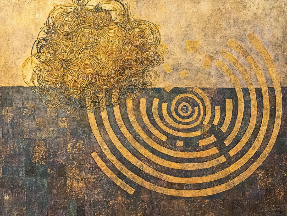 "Labyrinth of Time" abstract art print in acrylic in the style of Gustav Klimt